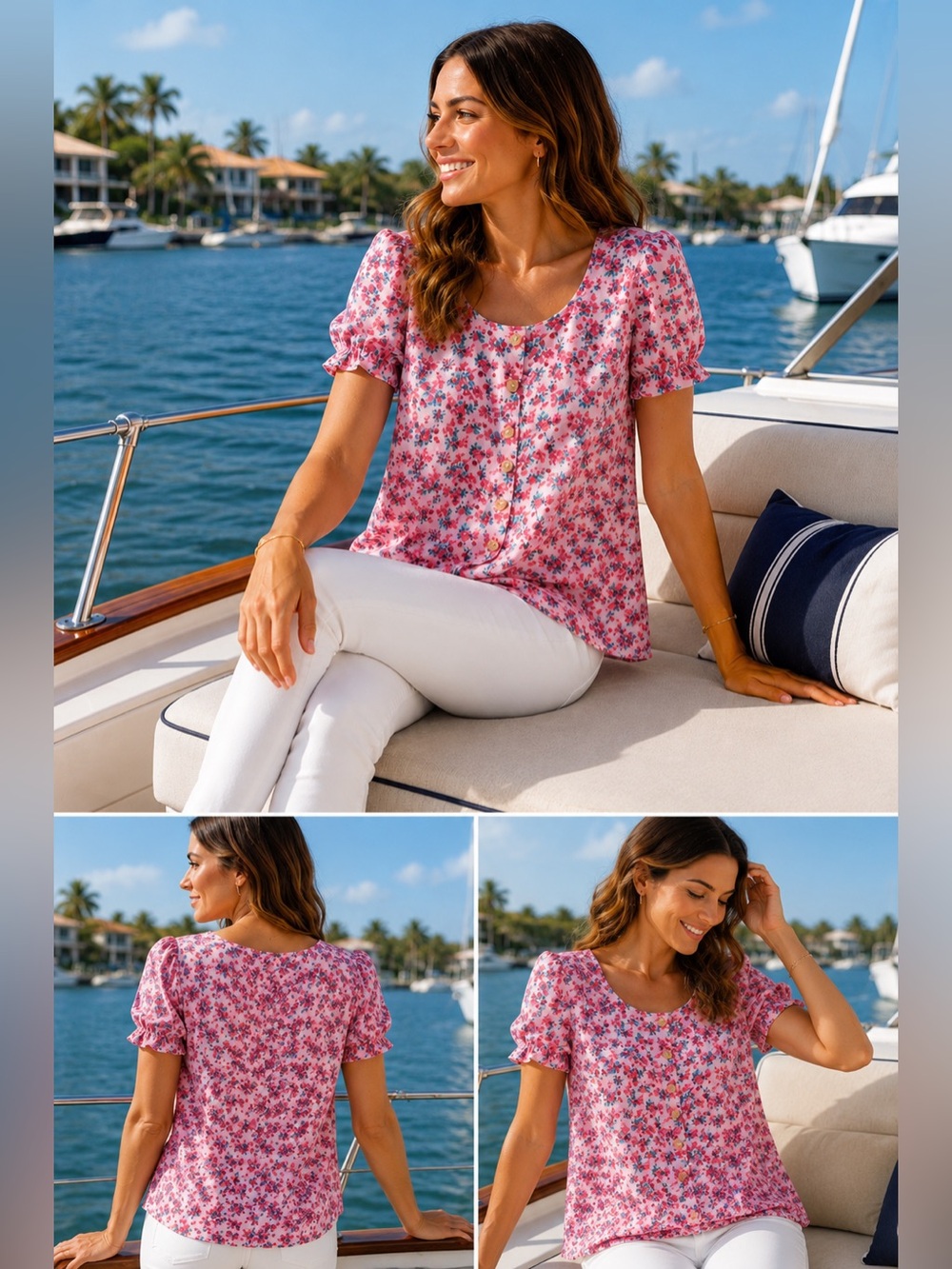 Pink Floral Puff-Sleeve Scoop Neck Blouse